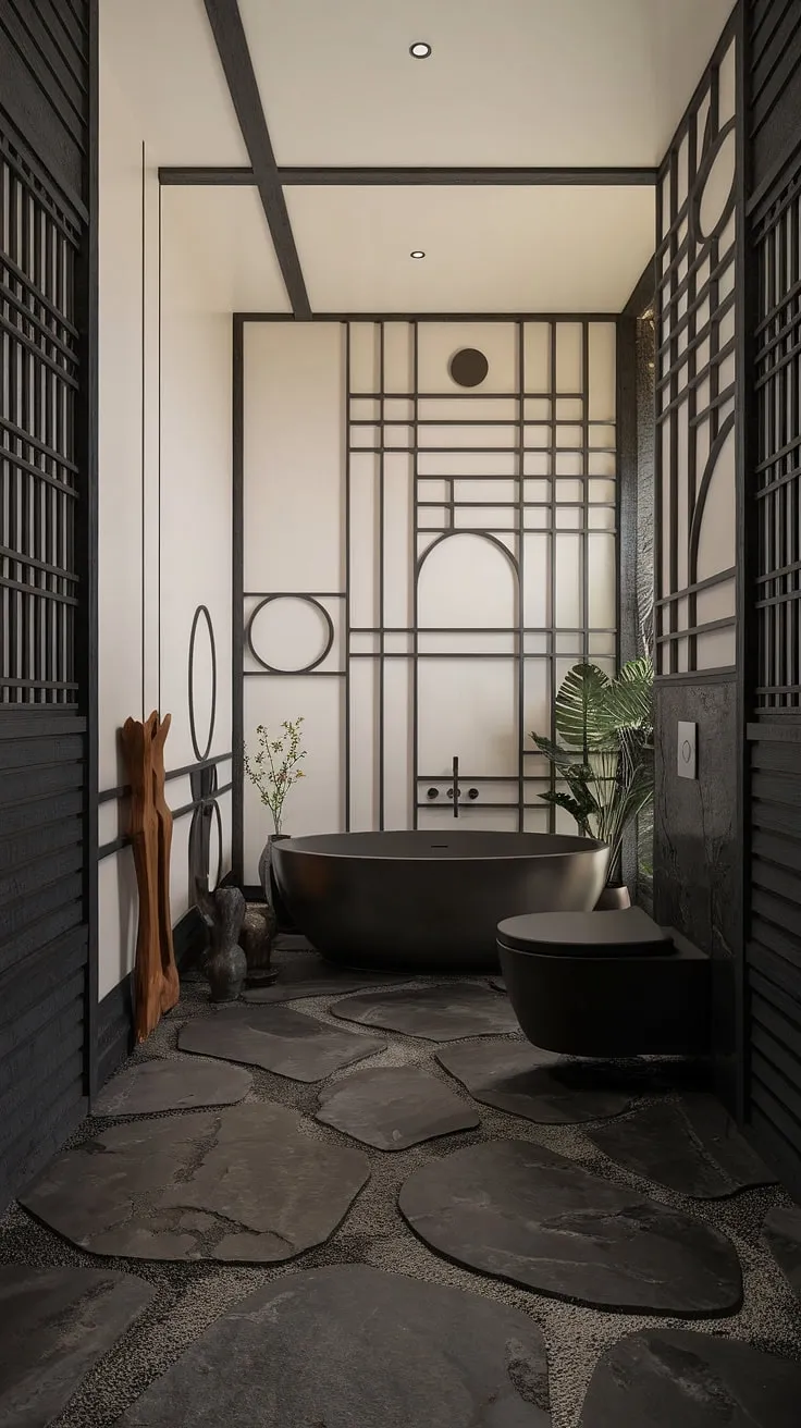 The wabi-sabi interior of this bathroom showcases a freestanding bathtub, irregular stone flooring, and soft lighting, blending luxury with nature for stunning bathroom inspiration.