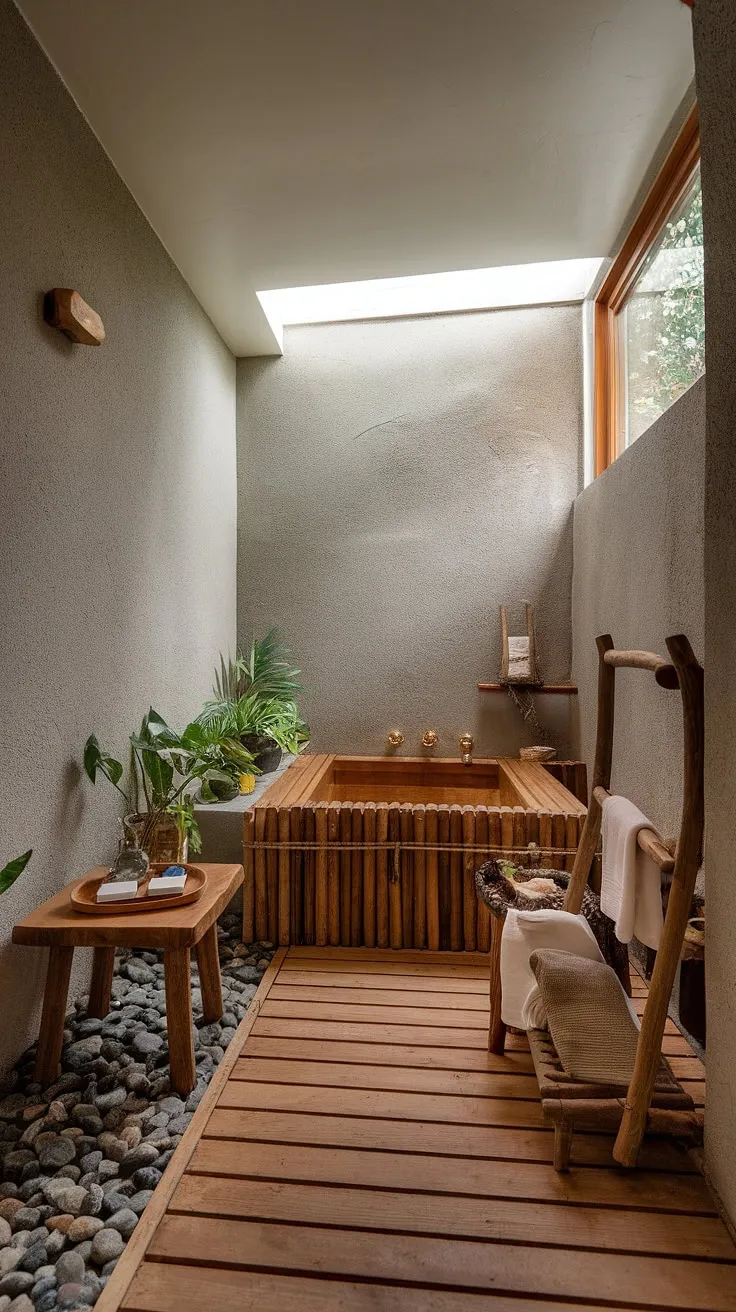This wabi-sabi interior showcases a luxurious bathroom with a wooden bathtub and stone walls, creating an inspiring space for relaxation and rejuvenation.