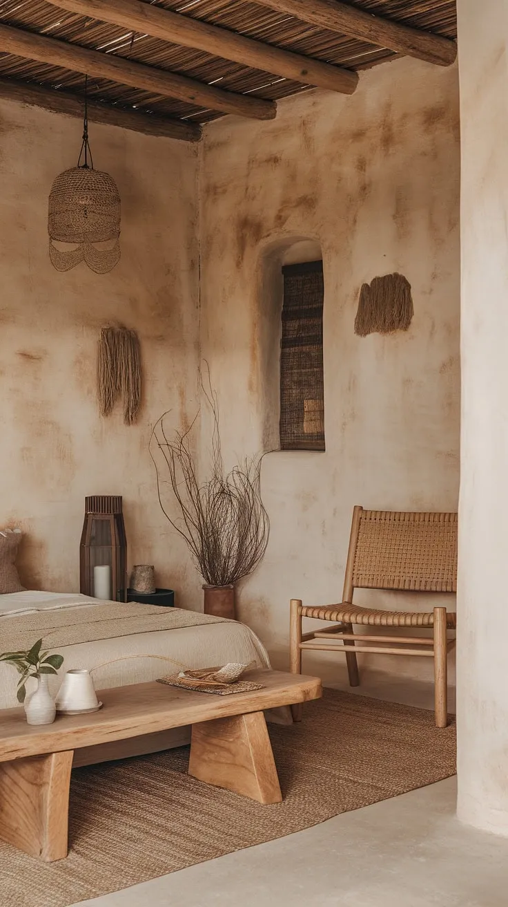 The wabi sabi house embodies a tranquil living space with a rustic bedroom that celebrates earthy tones and natural materials, creating an inviting atmosphere of imperfect beauty.