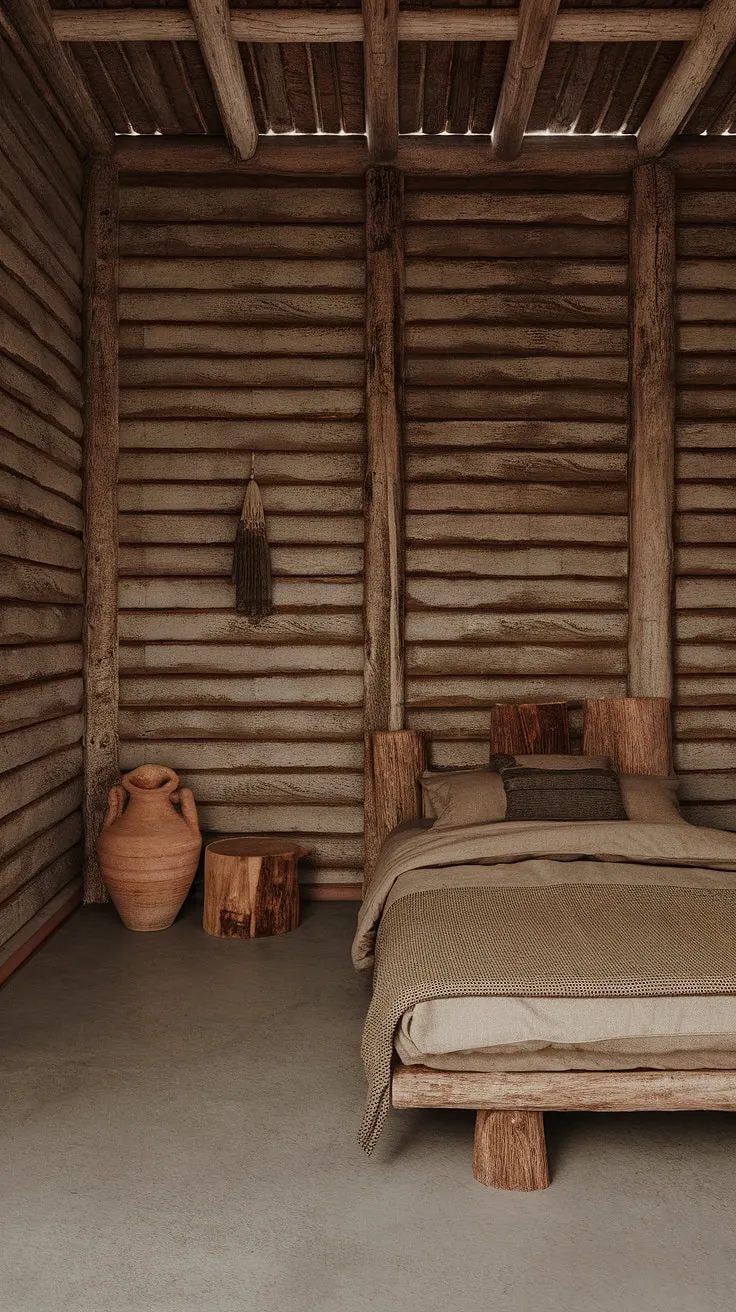 The wabi sabi house features a tranquil bedroom adorned with organic design elements, including a rustic wooden bed and earthy decor that highlight the charm of imperfection.