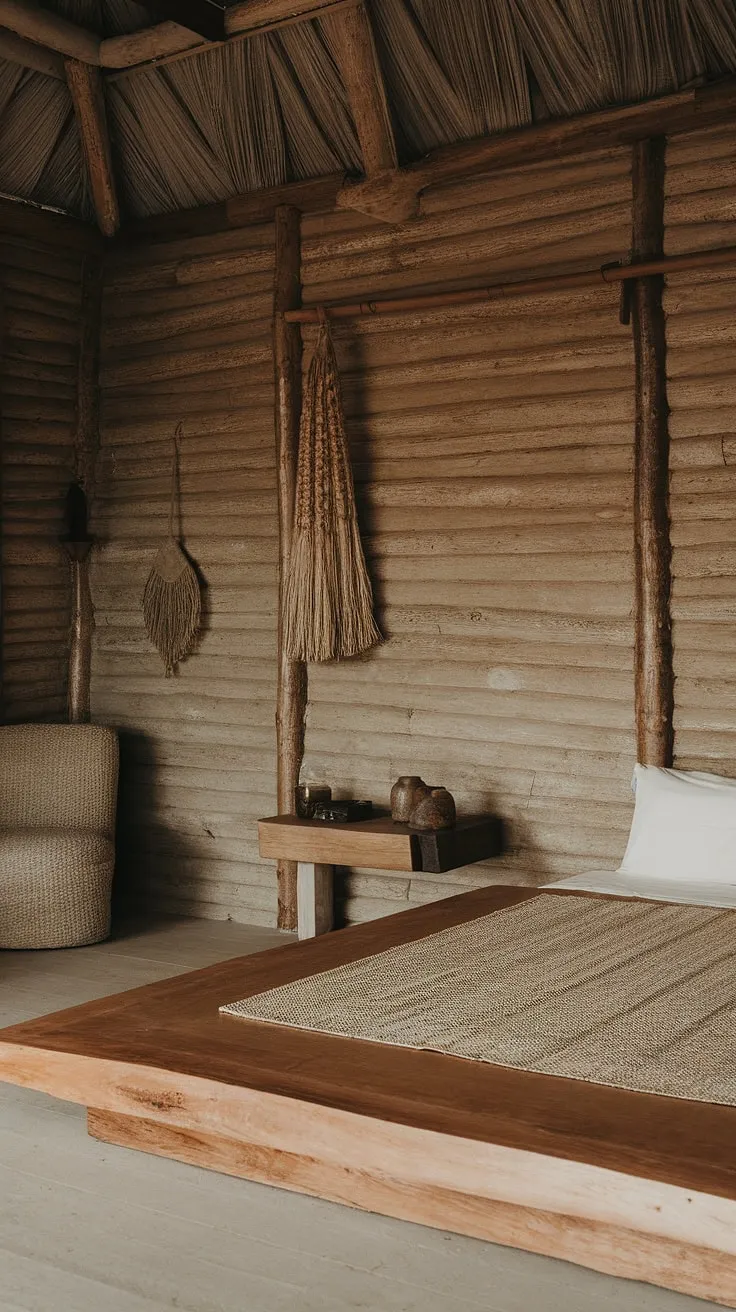 This wabi sabi bedroom showcases rustic charm and earthy aesthetics through natural materials and minimalist design, celebrating the beauty of imperfections.