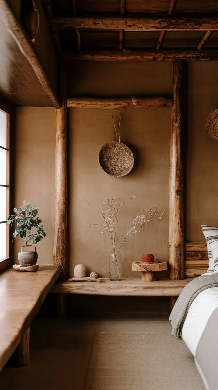 A wabi-sabi bedroom showcases minimalist design with rustic aesthetics, earthy colors, and natural materials, celebrating the beauty of imperfection through organic decor.