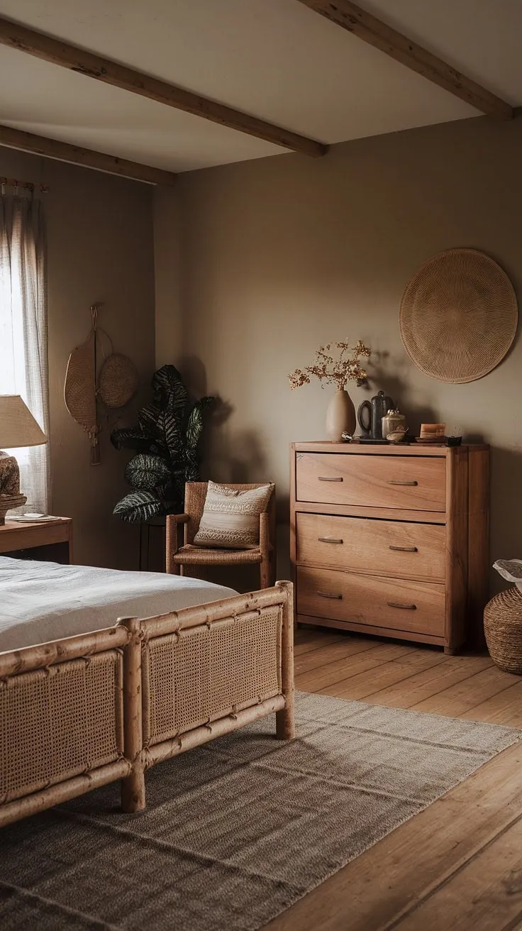 The wabi sabi interior design of this rustic bedroom, featuring natural materials and minimalist decor, captures the charm of imperfect beauty in a tranquil setting.