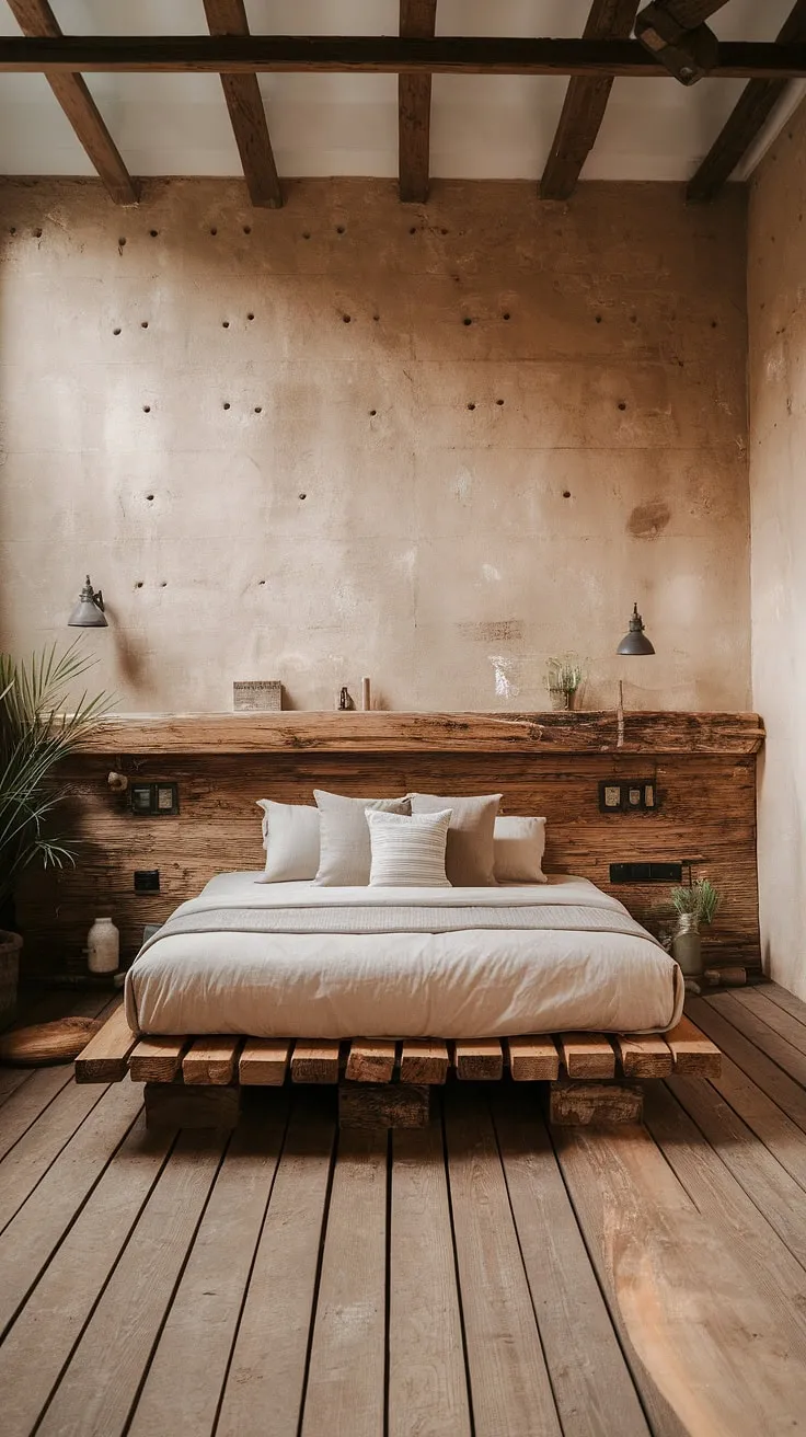 This wabi sabi house features a rustic bedroom that highlights earthy aesthetics and minimalist interior design, creating a tranquil space that honors the allure of imperfect beauty.
