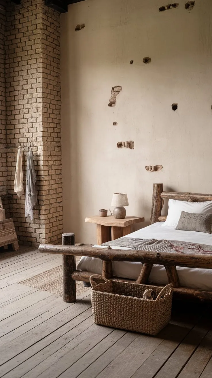 A wabi-sabi bedroom showcases minimalist design with rustic wooden elements, exposed brick walls, and natural materials, creating an atmosphere of imperfect beauty and earthy charm.