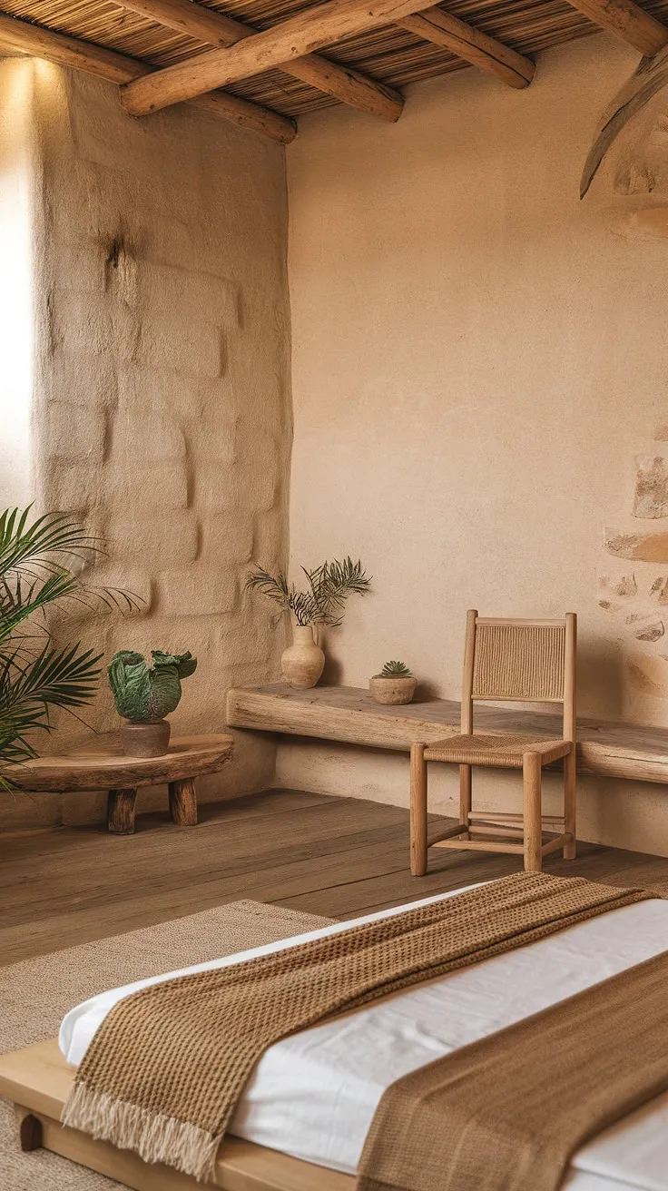 The wabi sabi interior design of this earthy bedroom, with its wooden elements and natural light, creates a tranquil space that celebrates organic beauty and minimalist living.