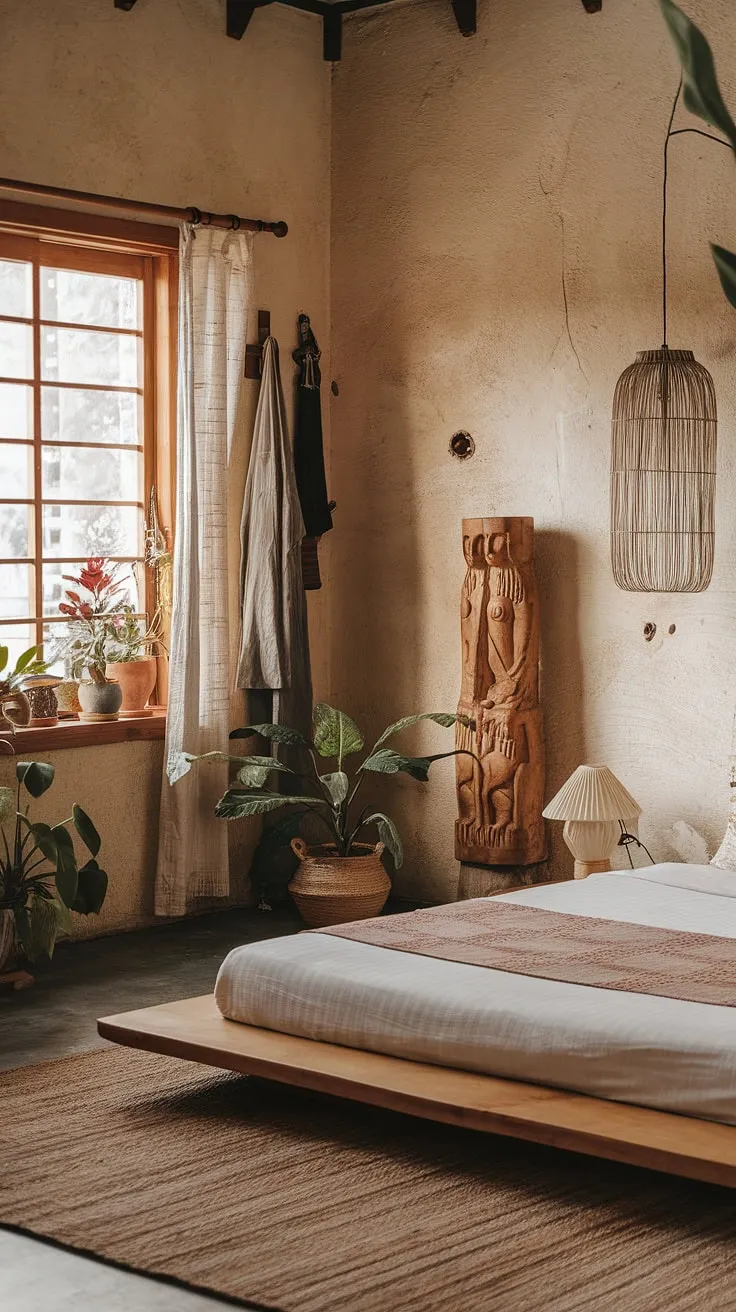 This wabi sabi bedroom showcases rustic charm with natural materials, featuring a wooden platform bed, textured walls, and earthy decor that celebrates imperfect beauty.