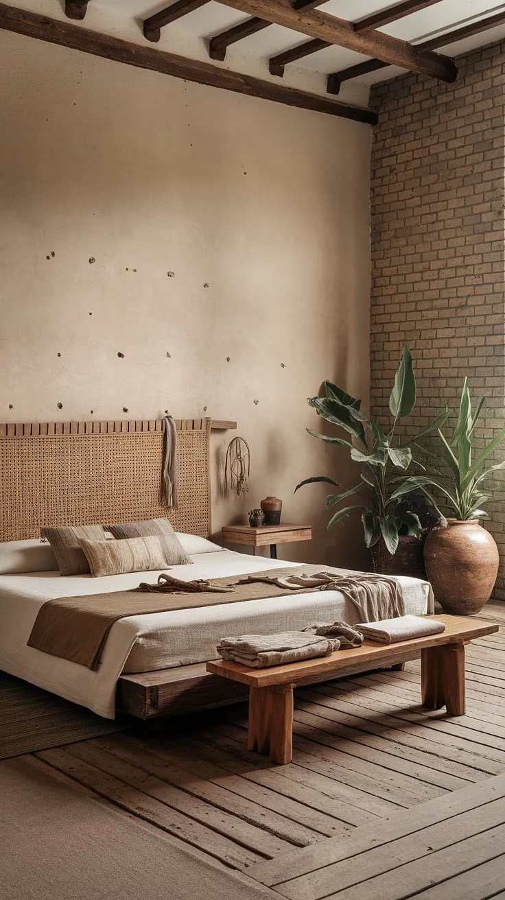 This wabi-sabi house features a tranquil bedroom that highlights organic design through rustic elements and a focus on the beauty of imperfection.