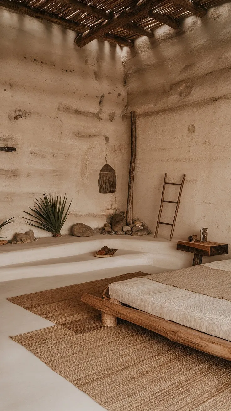 This wabi-sabi bedroom showcases earthy tones and minimalist design through rustic wooden furniture, natural materials, and organic decor that highlight the beauty of imperfection.
