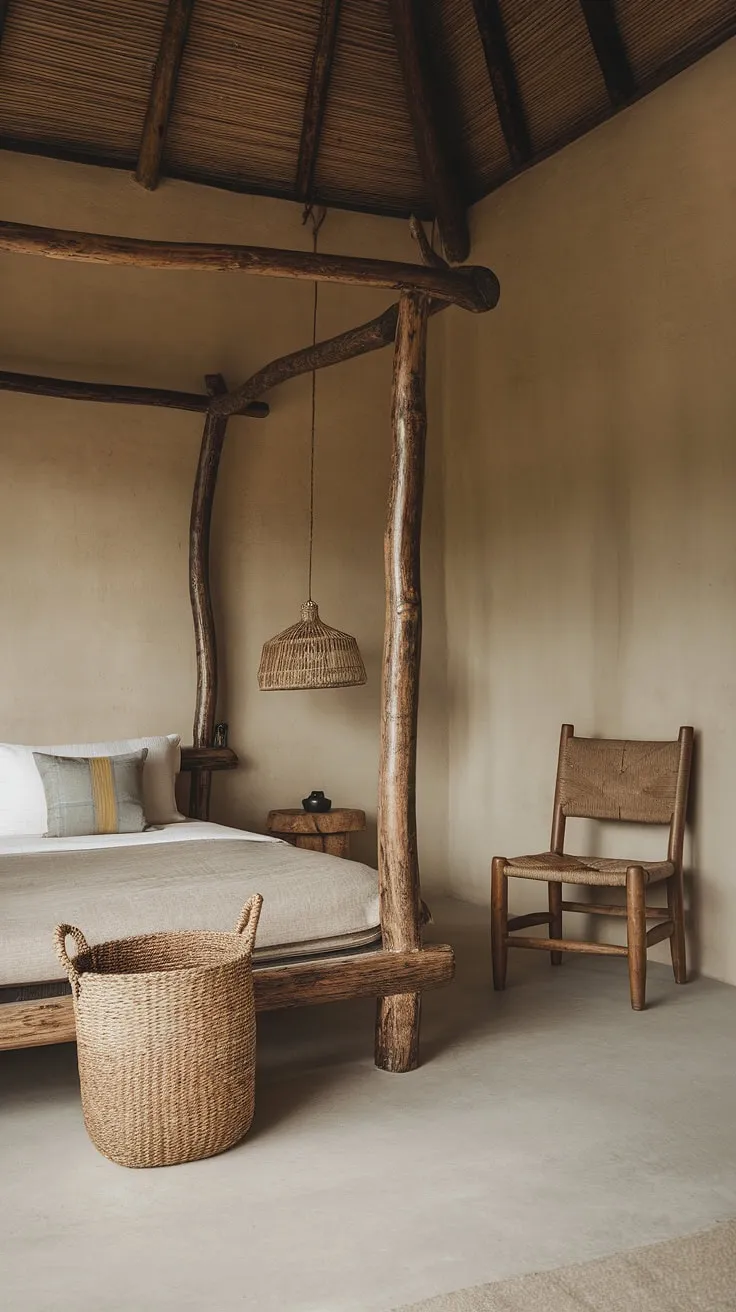 This wabi sabi interior features a rustic wooden bed and natural materials, offering a tranquil atmosphere perfect for minimalist living and earthy decor.