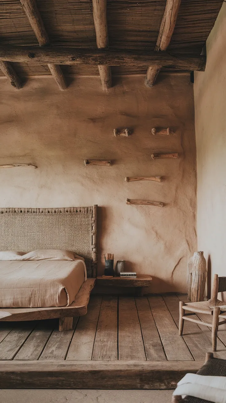 This wabi sabi bedroom showcases minimalist design and rustic charm with earthy tones, natural materials, and imperfect beauty that create a tranquil living space.