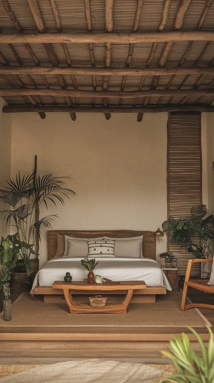 This wabi sabi bedroom showcases rustic and minimalist interior design with natural materials, earthy decor, and imperfect beauty for a tranquil living space.