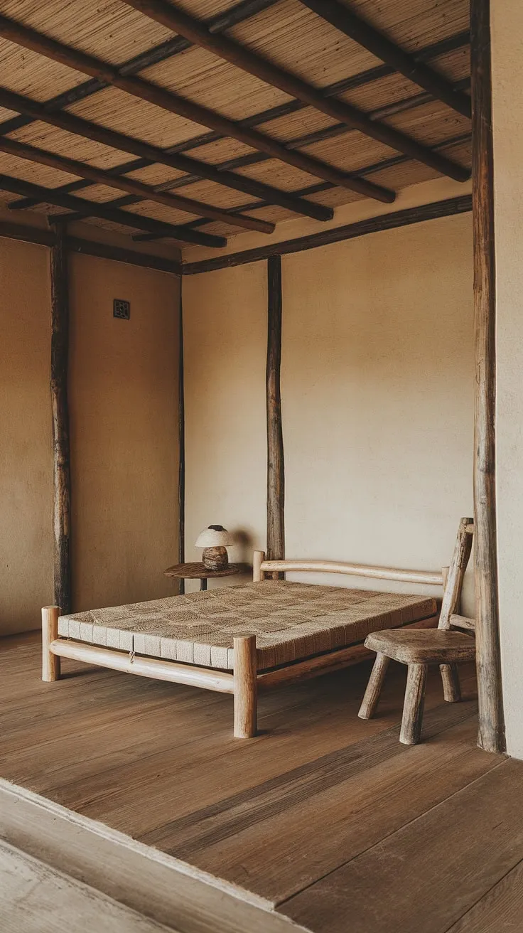 This wabi sabi bedroom showcases minimalist design with rustic wooden elements, natural materials, and earthy tones that celebrate the beauty of imperfection.