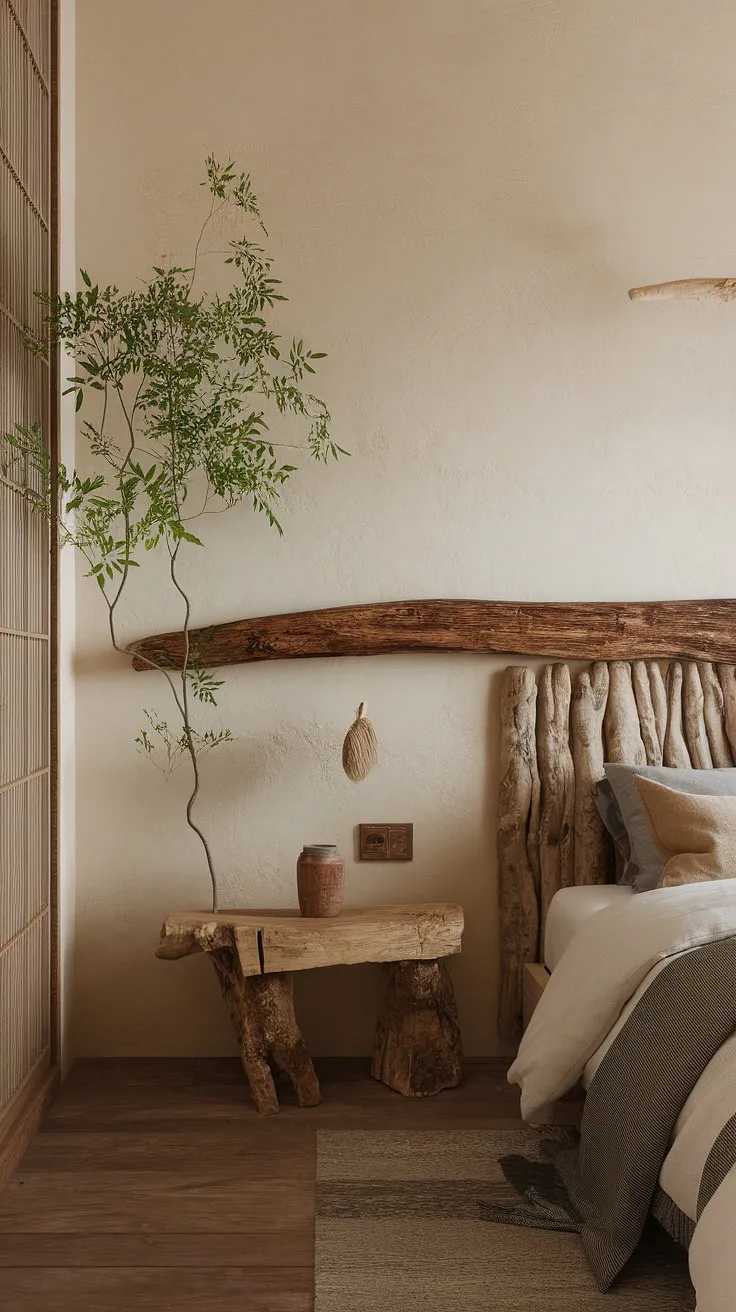 This wabi sabi bedroom showcases minimalist design with earthy tones, rustic wooden elements, and natural materials, creating an atmosphere of imperfect beauty.