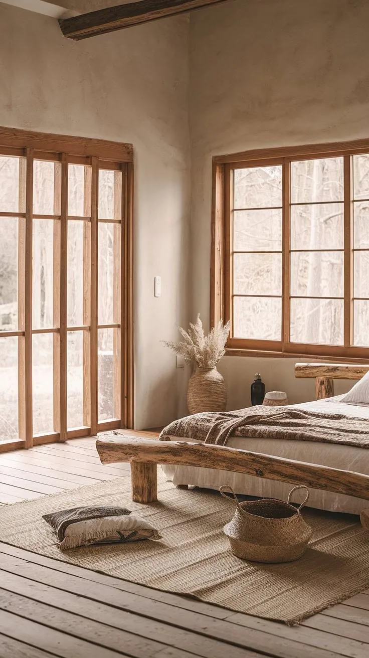 This wabi-sabi bedroom showcases rustic charm and earthy tones through minimalist design, natural materials, and the beauty of imperfections.