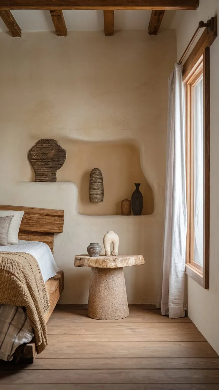 This wabi-sabi house features a calming bedroom adorned with rustic elements and natural materials, embodying the essence of minimalist living and imperfect beauty.