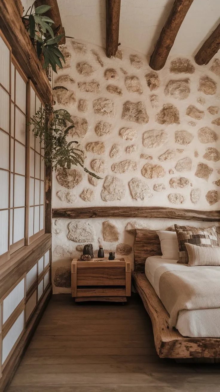 A wabi sabi bedroom showcases rustic charm with natural materials, minimalist decor, and an emphasis on imperfect beauty for a tranquil living space.