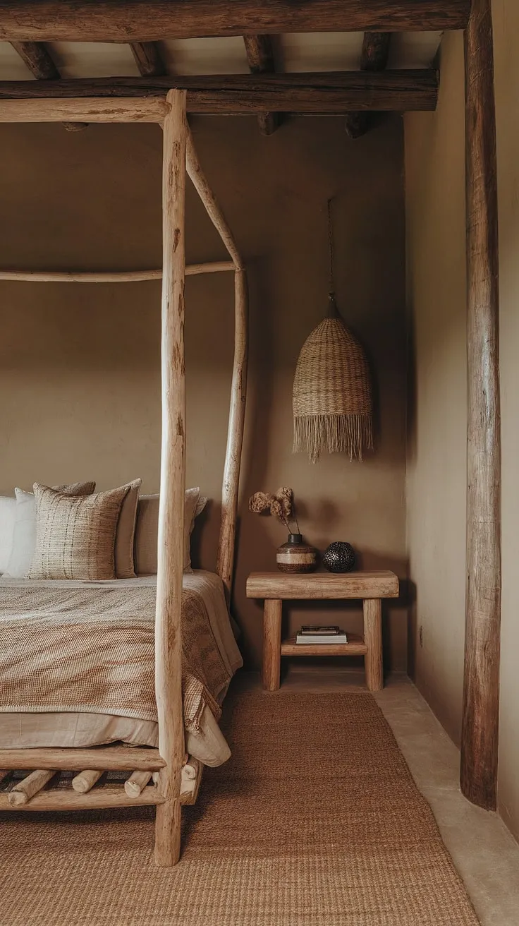 This wabi-sabi bedroom showcases earthy tones and rustic minimalist design with natural materials, featuring a wooden bed frame and woven decor that highlight the charm of imperfect beauty.