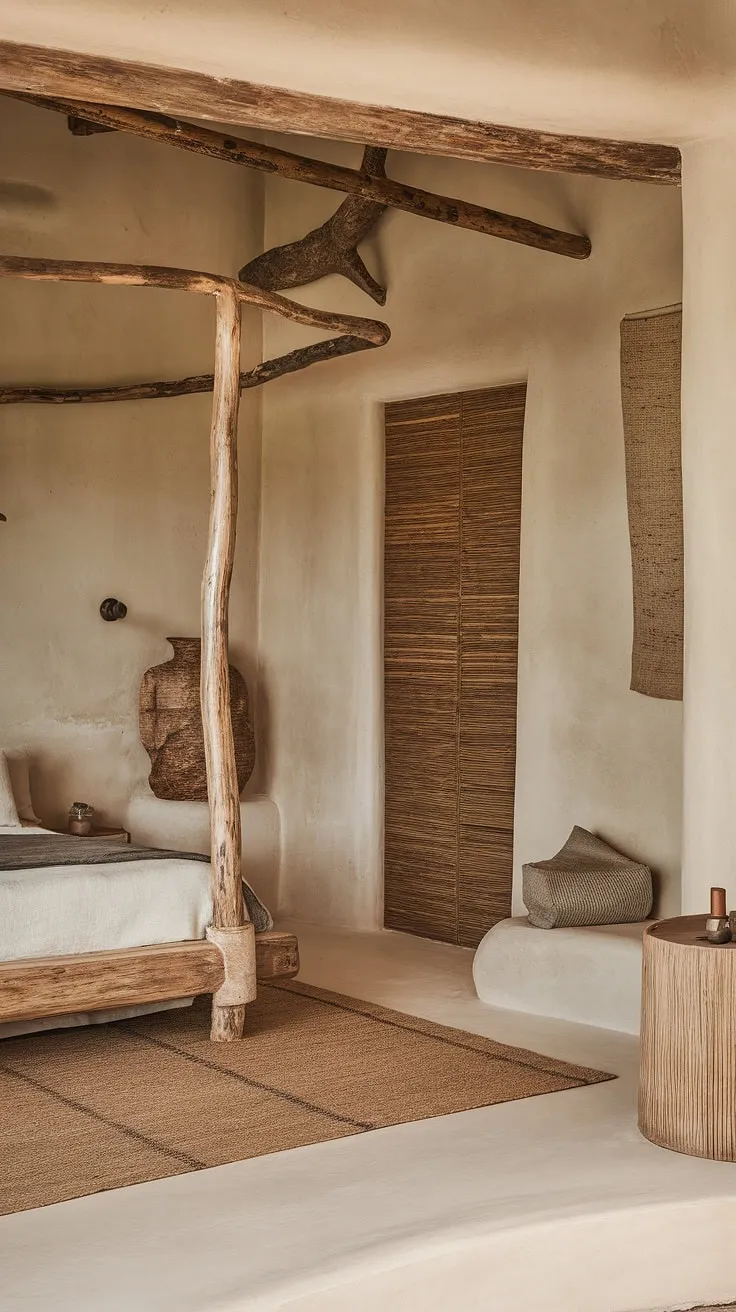 The wabi-sabi interior design of this earthy bedroom features a rustic wooden bed and organic materials, highlighting the charm of imperfections in a minimalist setting.