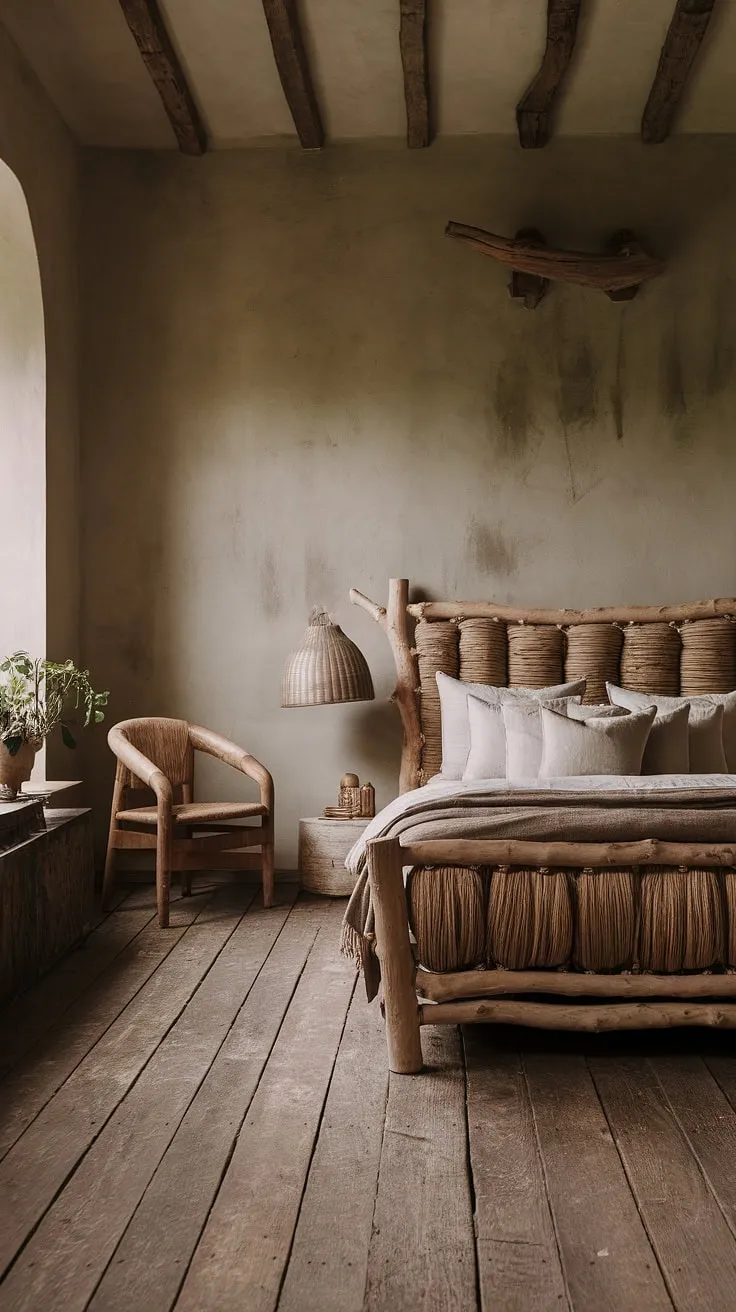 This wabi-sabi bedroom showcases minimalist design with rustic, earthy elements and natural materials, creating an atmosphere of imperfect beauty and organic tranquility.