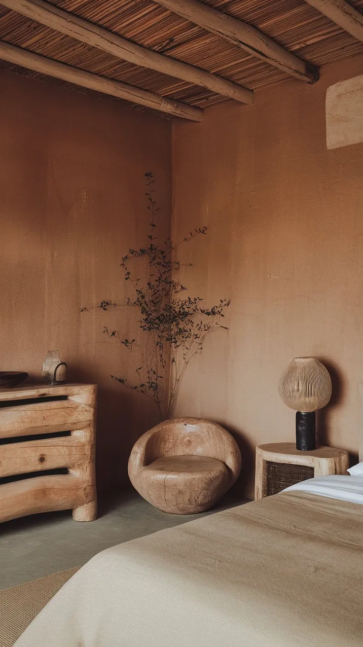 A wabi-sabi bedroom showcases minimalist design with rustic, earthy tones and natural materials, celebrating imperfect beauty through organic furniture and simple decor.