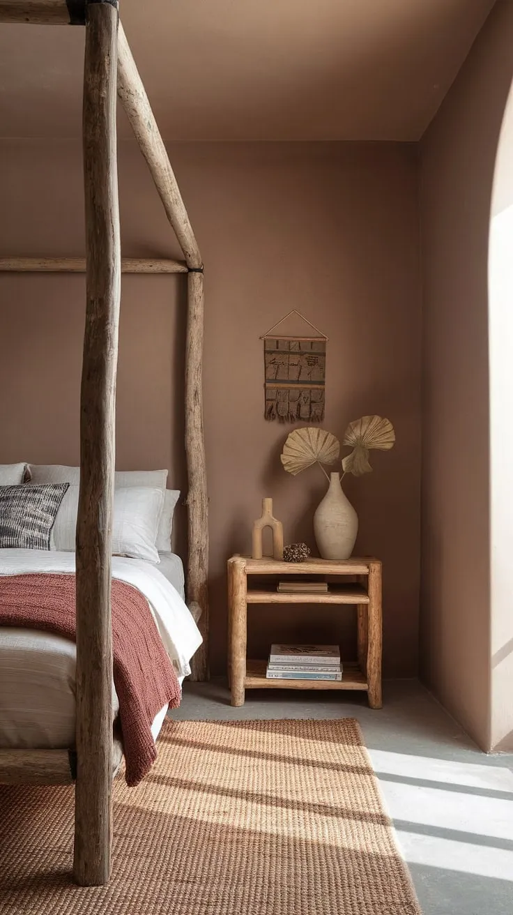 This wabi-sabi bedroom showcases earthy tones and rustic charm with a wooden bed frame, minimalist decor, and natural light, embodying the beauty of organic design.