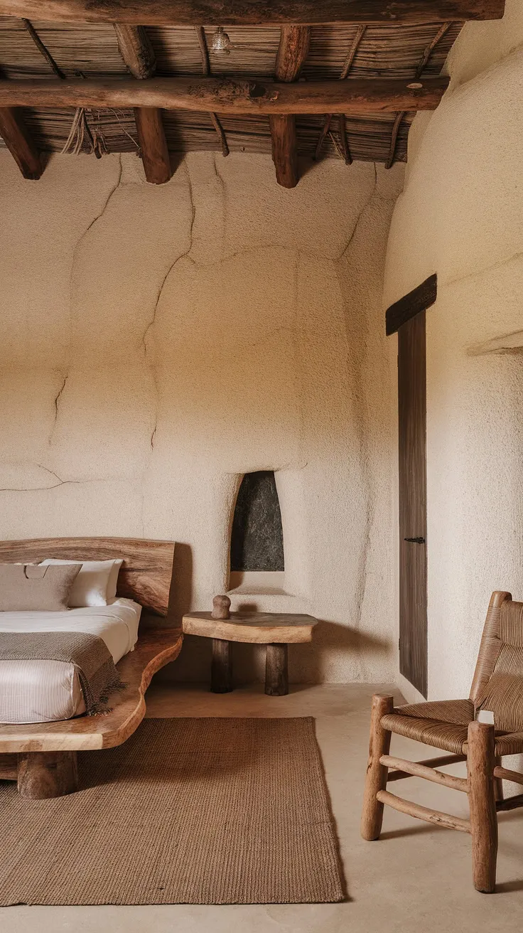 This wabi sabi bedroom showcases earthy tones and natural materials, featuring a rustic wooden bed, a woven rug, and stone walls that highlight the beauty of imperfection.