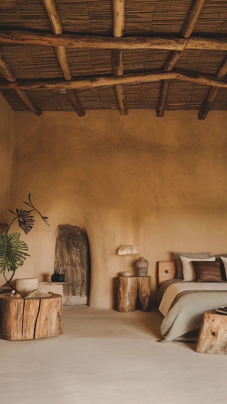 This wabi sabi house features a tranquil bedroom adorned with rustic furniture and earthy decor, highlighting the beauty of natural materials and minimalist interior design.