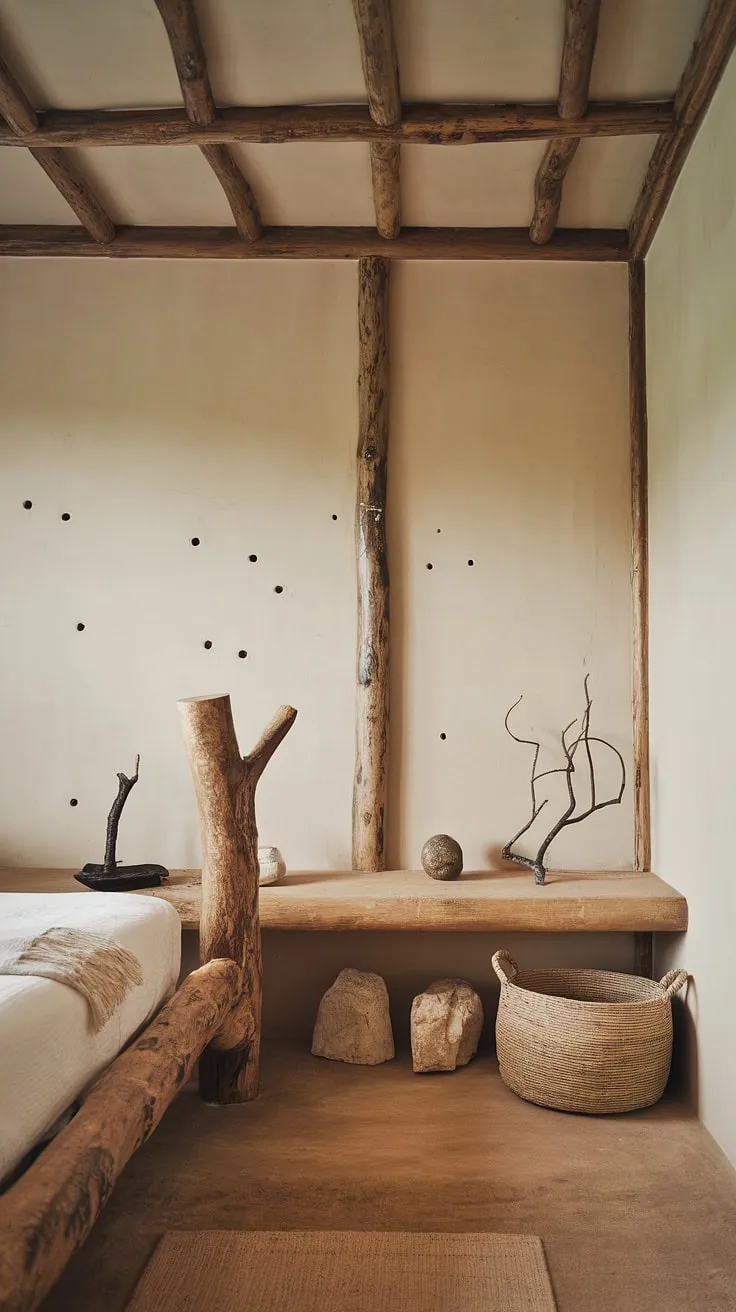 A wabi-sabi bedroom showcases minimalist design with a rustic wooden bed, organic decor, and natural materials, celebrating the beauty of imperfection in a tranquil space.
