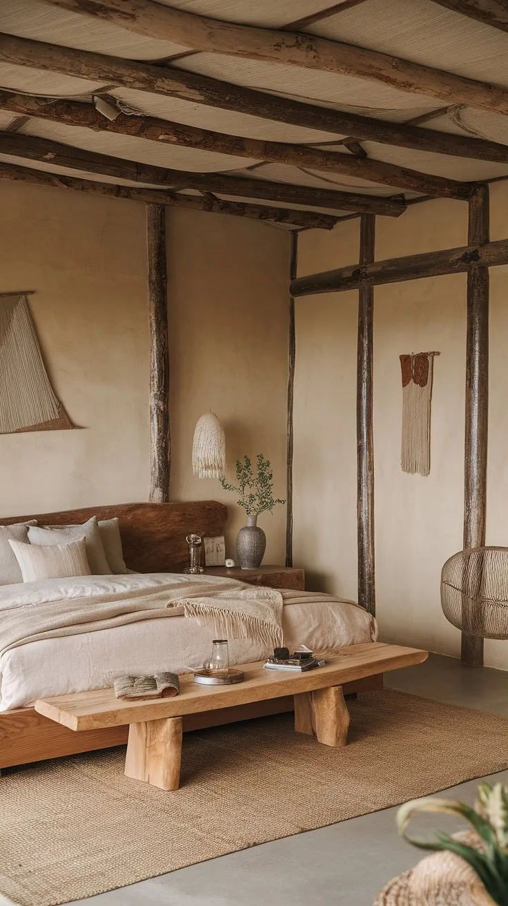 This wabi-sabi interior features a rustic, minimalist bedroom adorned with earthy hues and natural materials, celebrating the beauty of imperfection in a calming atmosphere.