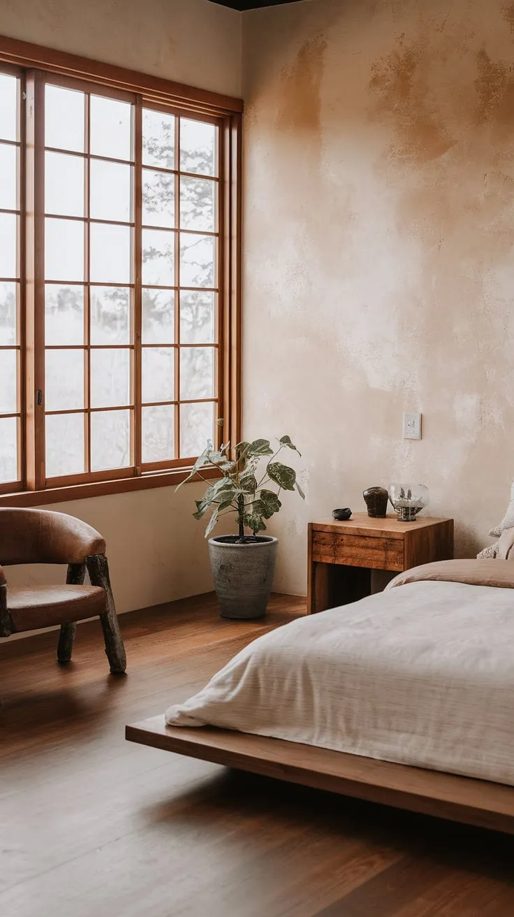 The wabi sabi house embodies organic design in this earthy bedroom, where rustic elements and natural light create a tranquil atmosphere filled with imperfect beauty.