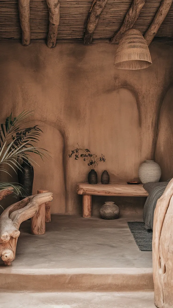 A wabi-sabi bedroom showcases earthy tones and rustic, minimalist design with natural materials, organic shapes, and imperfect beauty for a tranquil living space.