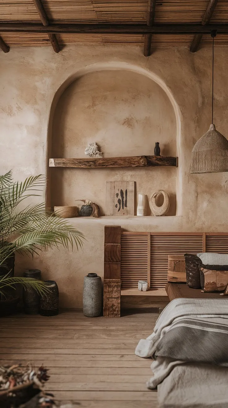 This wabi-sabi bedroom showcases earthy tones and natural materials in a rustic, minimalist design, featuring wooden elements and organic decor that highlight the beauty of imperfection.