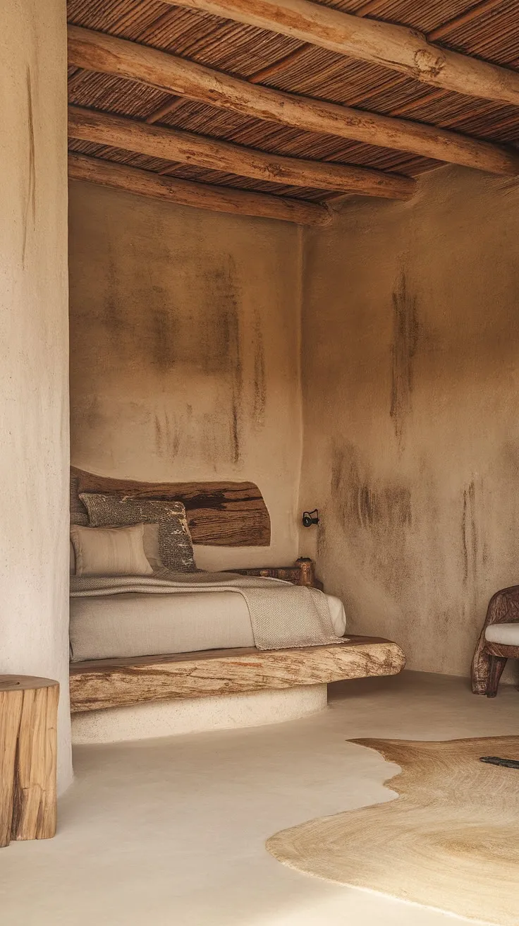 Featuring wood and stone elements, this wabi-sabi interior embodies a tranquil living space that celebrates the charm of simplicity and natural textures.