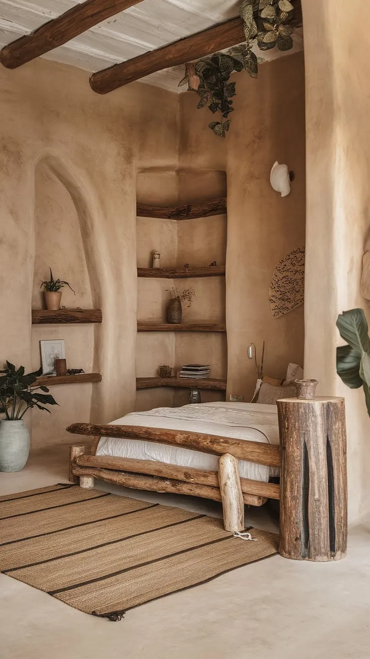This wabi-sabi bedroom showcases minimalist design with rustic wooden elements, earthy tones, and natural materials, creating an atmosphere of imperfect beauty and organic tranquility.