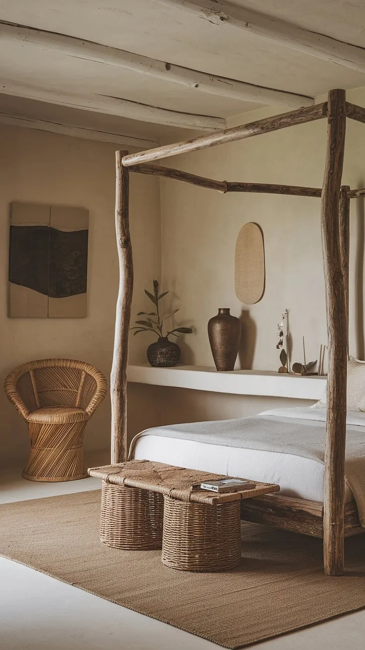 A wabi sabi bedroom showcases minimalist design with a rustic wooden bed frame, natural materials, and earthy decor that highlights the charm of imperfect beauty.