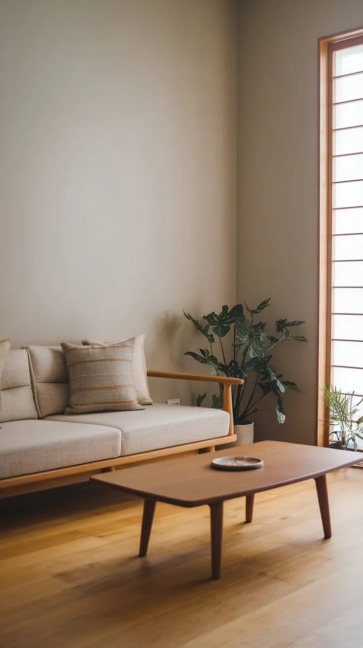 This wabi-sabi living room, featuring a beige sofa, wooden coffee table, and minimalist decor ideas, beautifully blends Japandi style with natural elements for a harmonious interior.
