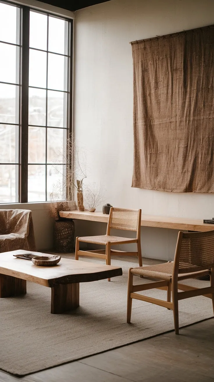 A wabi sabi living room showcases Japandi style with minimalist decor, featuring a rustic artwork, wooden coffee table, and natural light flooding in through large windows.