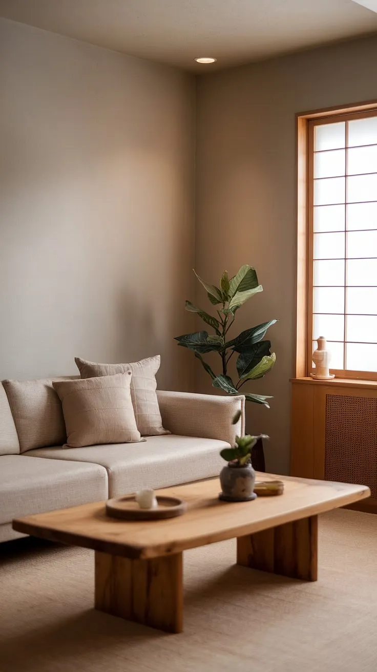 This wabi-sabi living room, featuring Japandi style and minimalist decor ideas, showcases a cozy beige sofa, a wooden coffee table, and soft gray walls that create a warm ambiance.