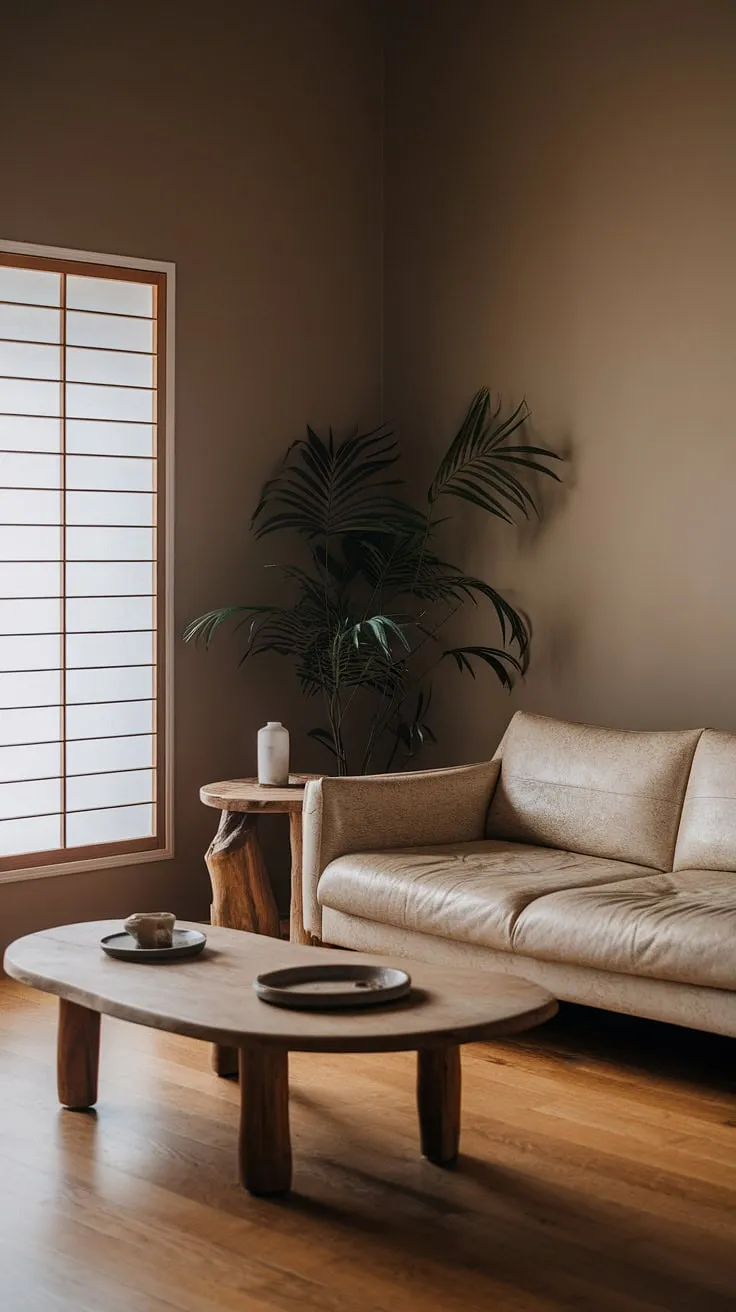 A wabi-sabi living room in a Japandi house features minimalist decor with a beige sofa, wooden coffee table, and soft lighting, creating a harmonious interior.