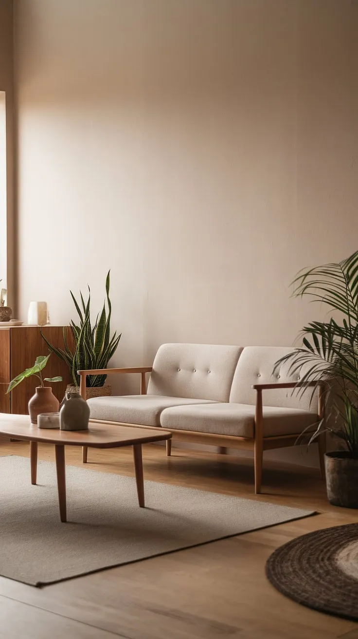This wabi-sabi living room, featuring a Japandi style with a neutral palette and natural elements, exemplifies minimalist decor ideas for a harmonious wabi-sabi house.