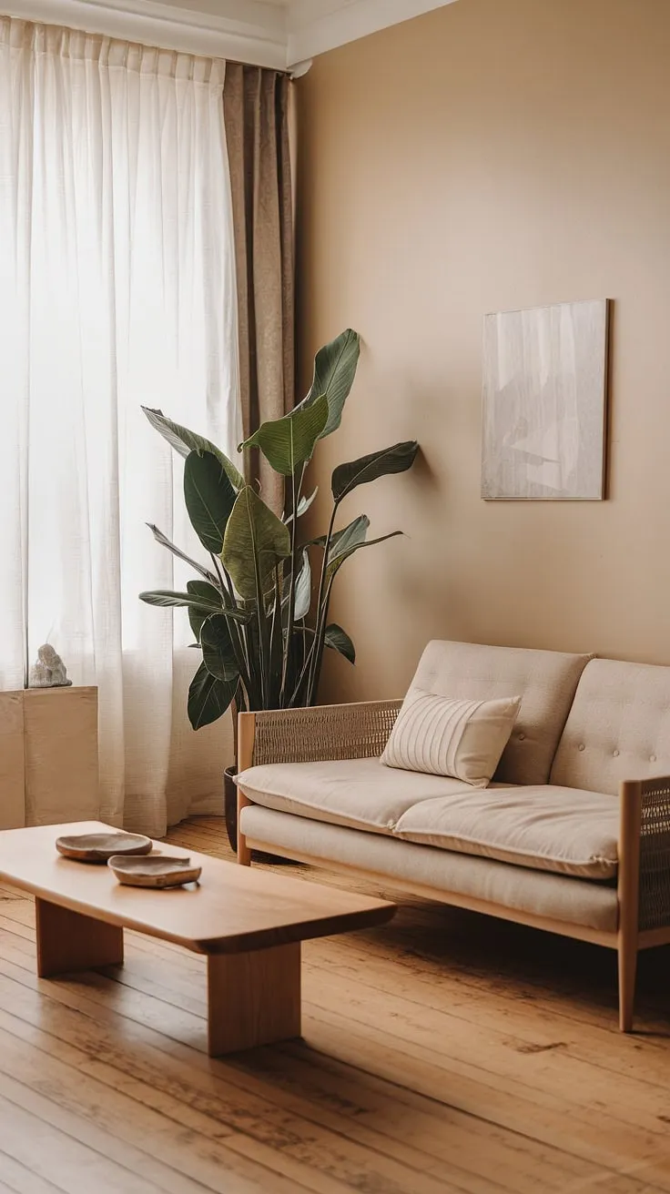 A wabi-sabi interior and Japandi living room blend seamlessly in this minimalist decor showcase a wabi-sabi living space with essential furniture and natural elements creating a wabi-sabi house.