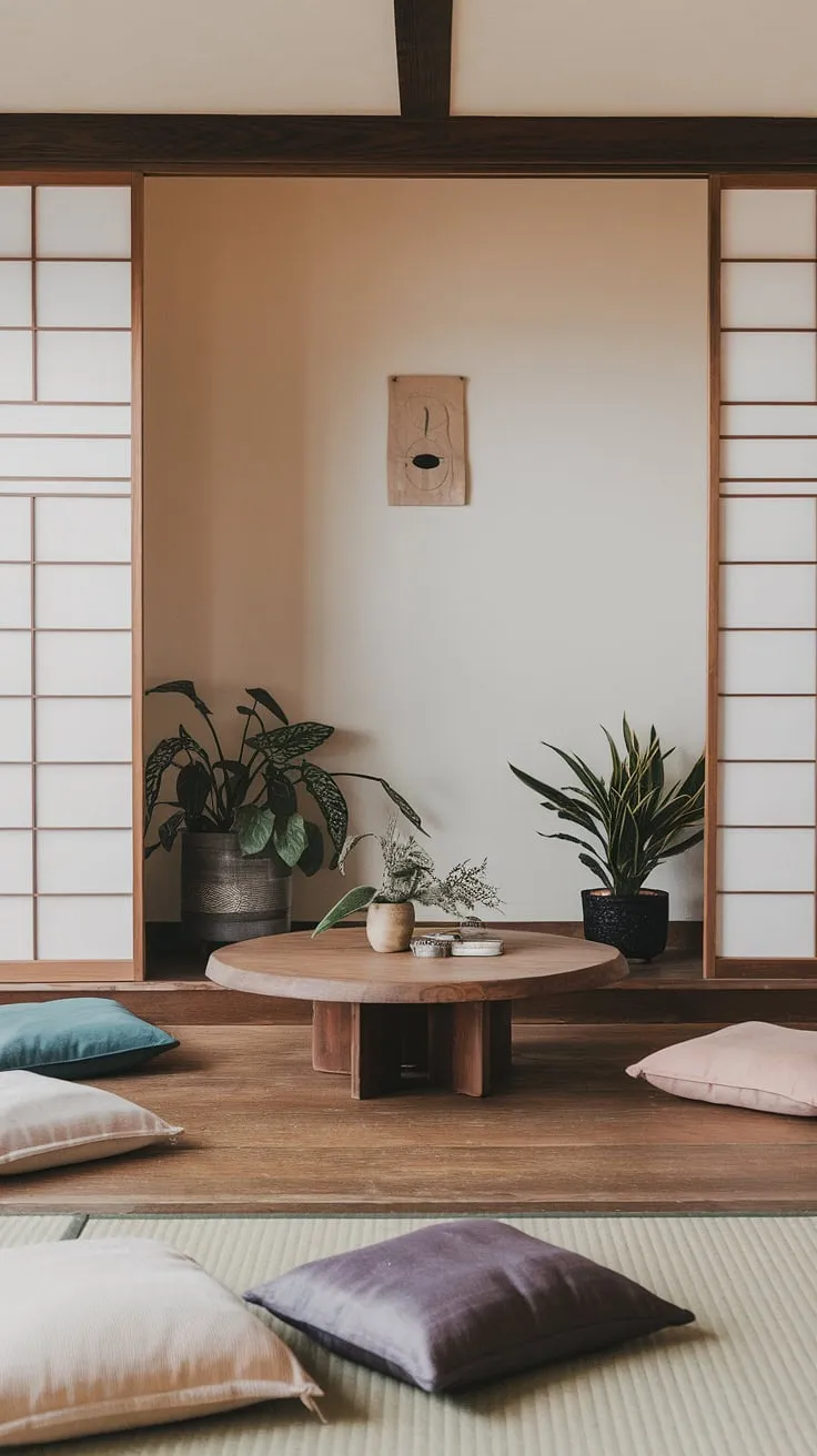 This wabi sabi interior showcases a Japandi living room with minimalist decor ideas, including a wooden coffee table, soft lighting, and a few plants for a tranquil atmosphere.