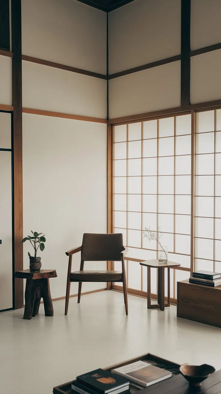Natural light floods a serene wabi sabi living room in a Japandi house showcasing minimalist decor ideas with carefully selected wooden furniture and a few plants, embodying the essence of wabi sabi living and interior design