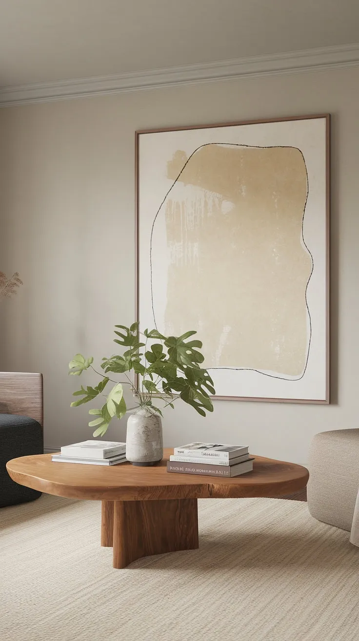 Featuring a blend of wabi sabi and Japandi styles, this minimalist living room highlights essential decor elements like a wooden coffee table and an abstract painting against a soothing light grey backdrop.