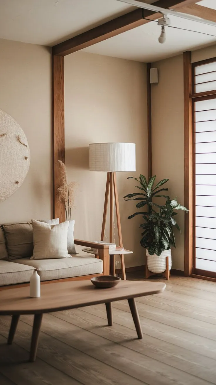 This Japandi living room beautifully showcases wabi-sabi living with its minimalist decor ideas, featuring a beige sofa, wooden coffee table, and carefully selected decorative objects.