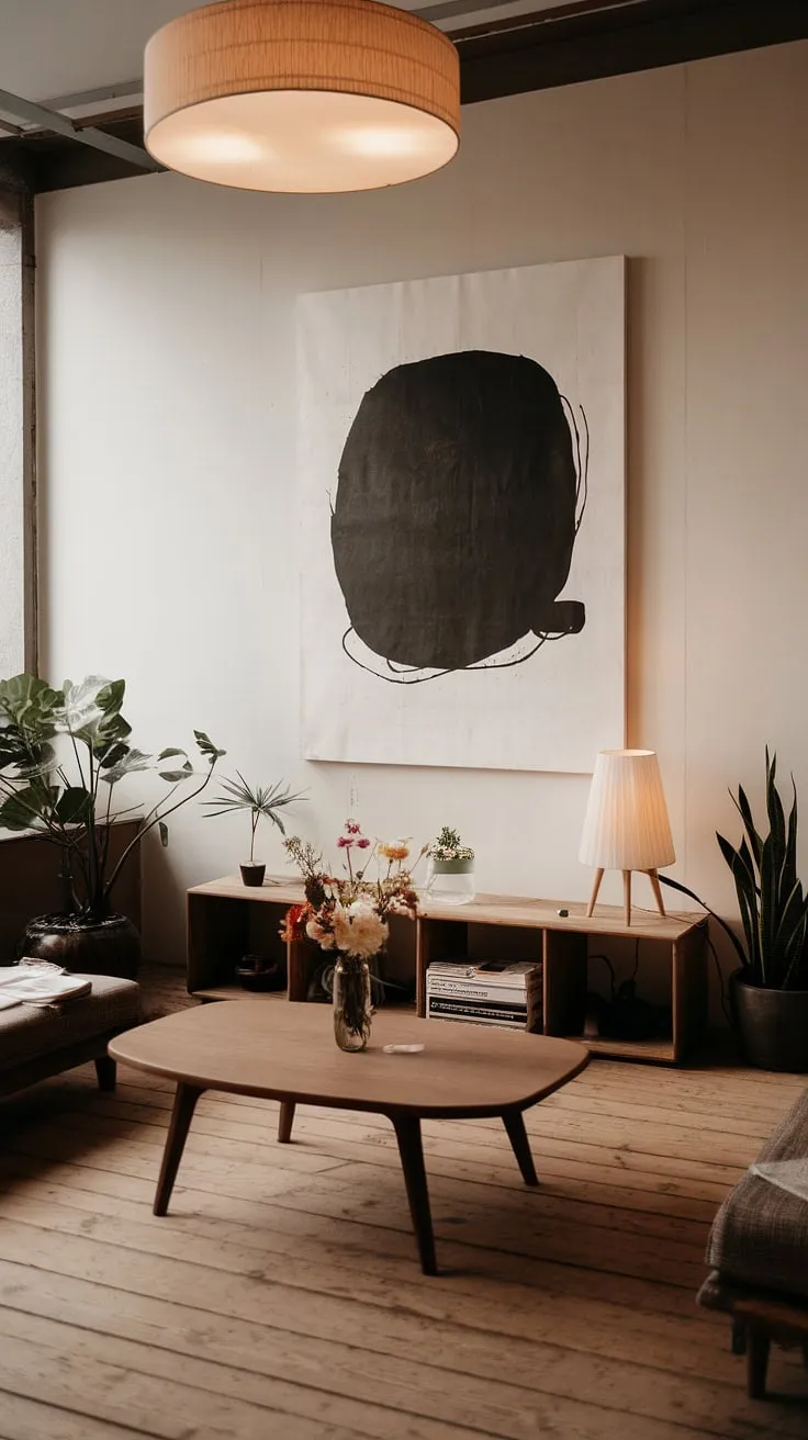 This wabi sabi house features a Japandi living room adorned with minimalist decor, a wooden coffee table, and a harmonious blend of nature and art.