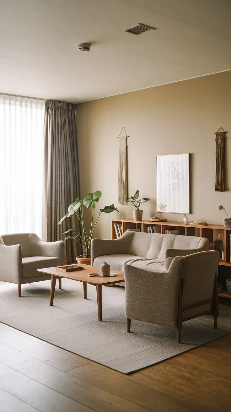 The wabi-sabi house's living room combines Japandi aesthetics with minimalist decor, highlighting the beauty of simplicity through its wooden furnishings and soft color palette.