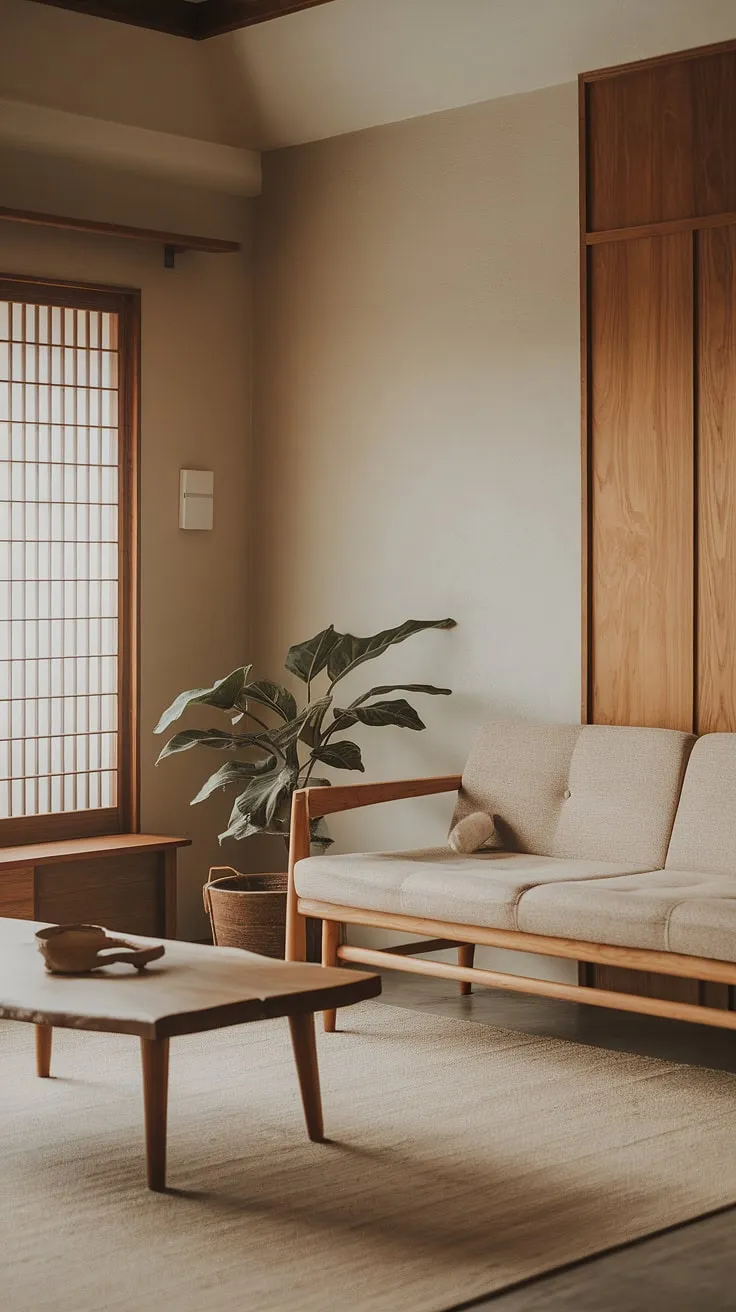 A wabi-sabi living room in a Japandi house showcases minimalist decor ideas with essential furniture pieces, warm lighting, and natural elements that create a harmonious interior.