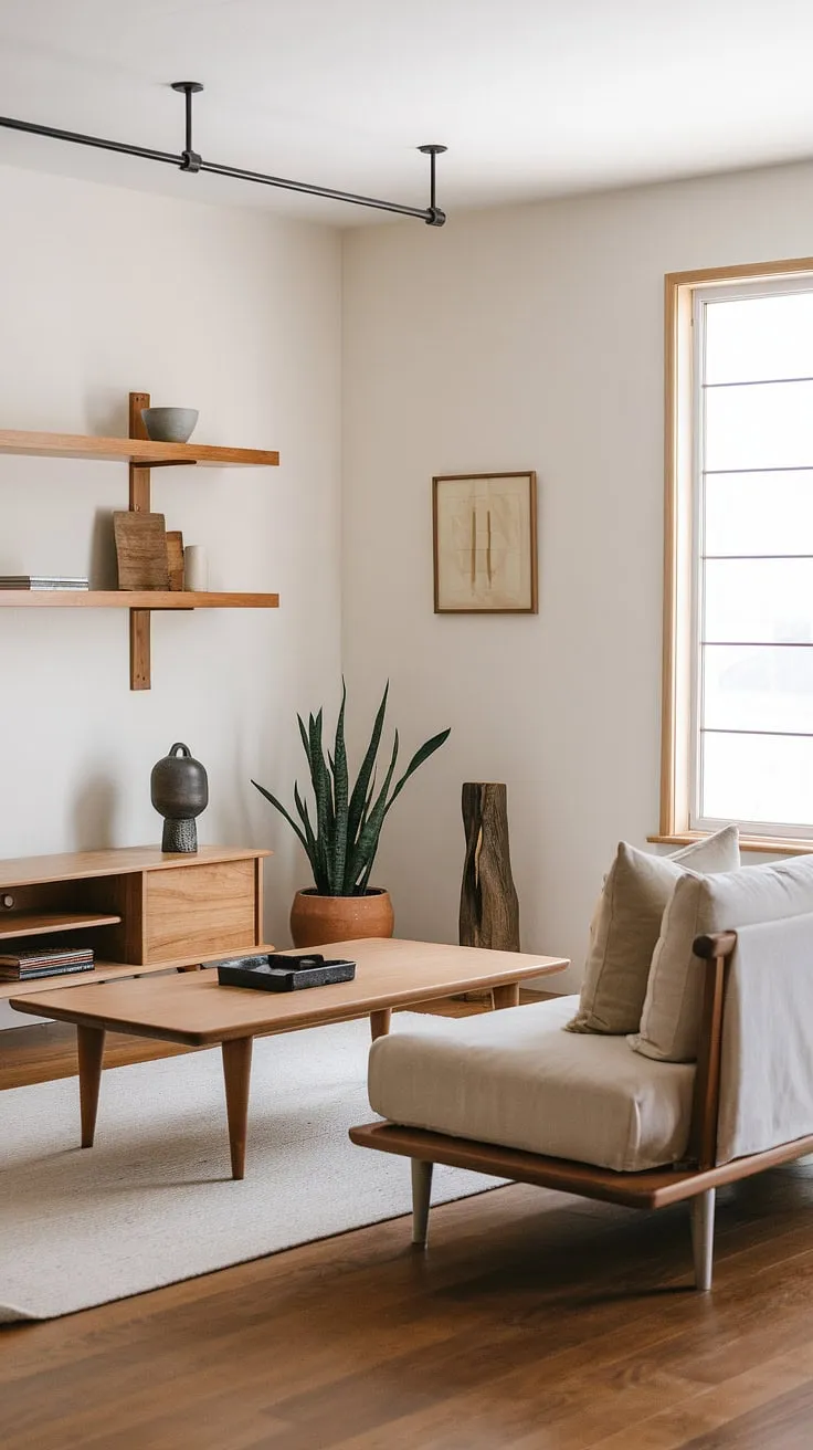 This wabi sabi living room showcases Japandi style with minimalist decor ideas, featuring wooden elements, a beige sofa, and a potted plant that harmonize beautifully in a wabi sabi house.